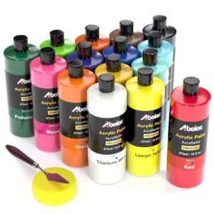 abeier large bulk acrylic paint set, 15 colors (473 ml/16 fl oz), matte finish, rich pigments, non-toxic paints for painting on canvas crafts wood ceramic, ideal for beginners and students