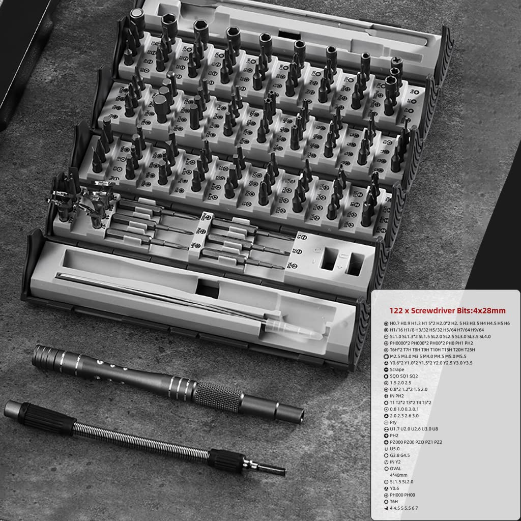 Precision Screwdriver Set Cylinder Organizing Case 128pcs in 1 Case S2 Alloy Steel HRC 56 Hardness Bits Space-saving Roll-up Case Professional Toolset Magnetizing Bit Heads for most sizes (9906)