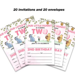 Dolimifa Winnie the Pooh 2nd Birthday Invitations Fill in Style Watercolors Winnie the Pooh Bear Pink Balloon Our Little Hunny Winnie Second Birthday Invites for 2 Year Old, 20 Count With Envelopes