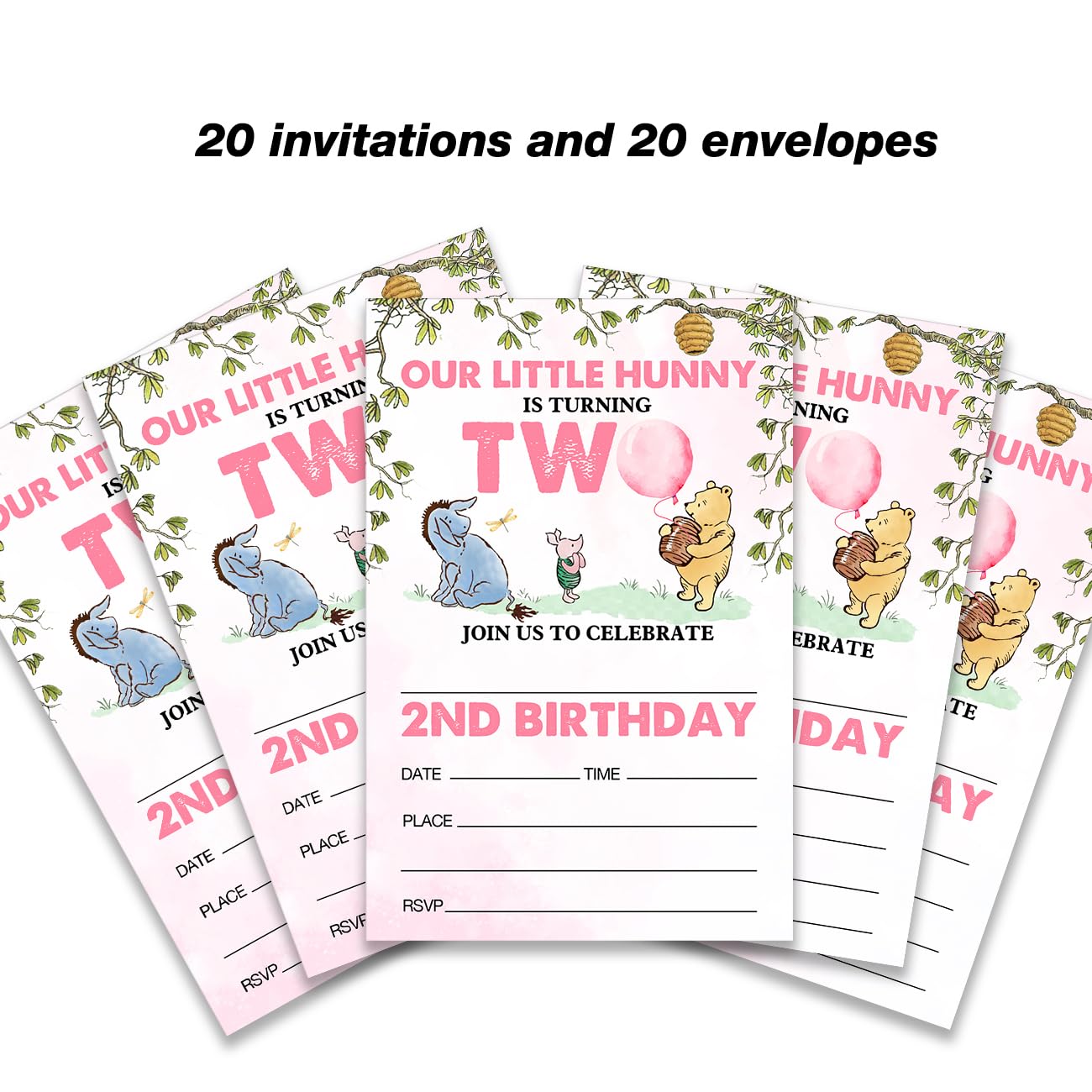 Dolimifa Winnie the Pooh 2nd Birthday Invitations Fill in Style Watercolors Winnie the Pooh Bear Pink Balloon Our Little Hunny Winnie Second Birthday Invites for 2 Year Old, 20 Count With Envelopes