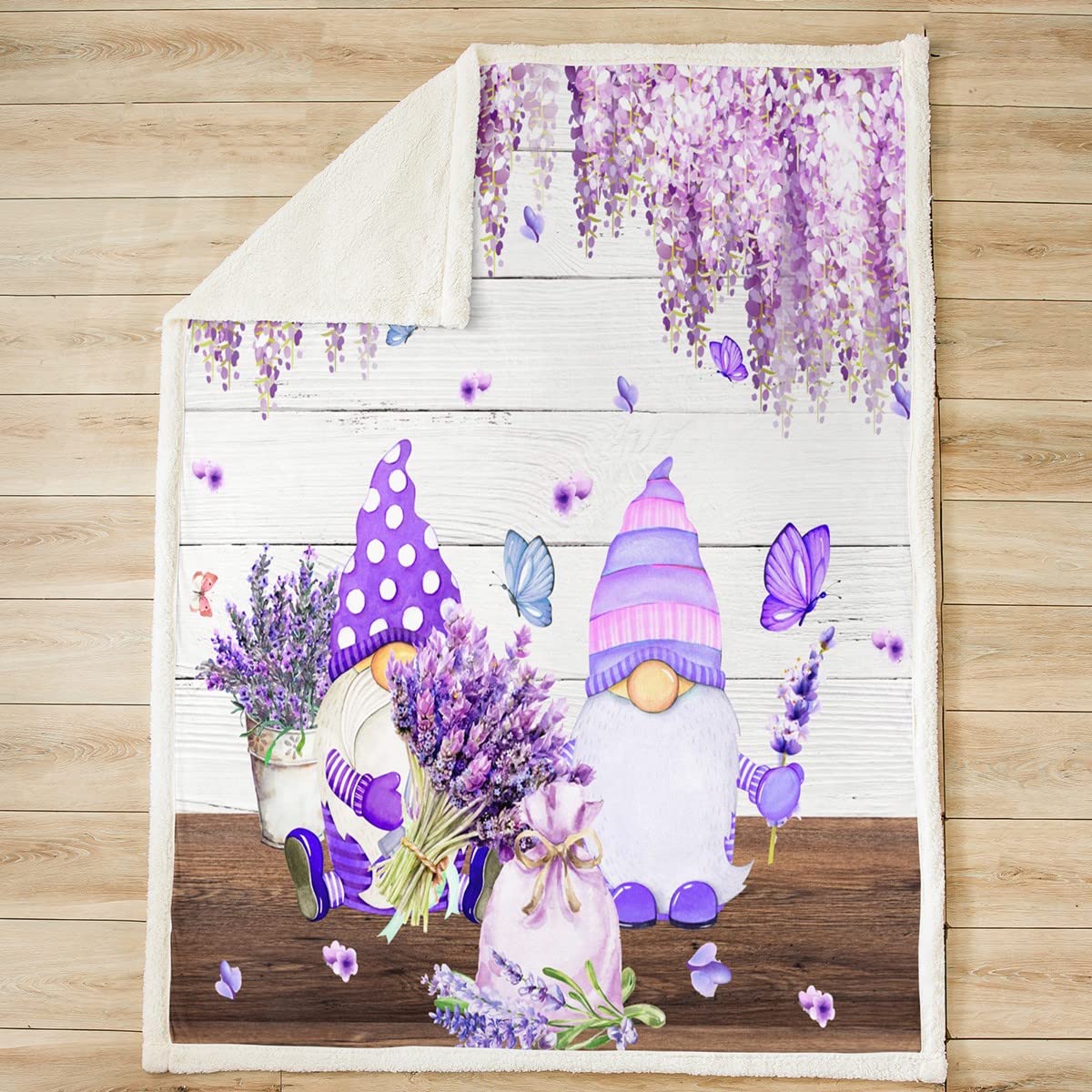 Manfei Cute Gnomes Throw Blanket Purple Vine Flower Butterfly Blanket for Couch Sofa, Lavender Bouquet Bed Blanket for Kids Boys Girls, Soft and Breathable Fleece Blanket(50 x 60 Inches)