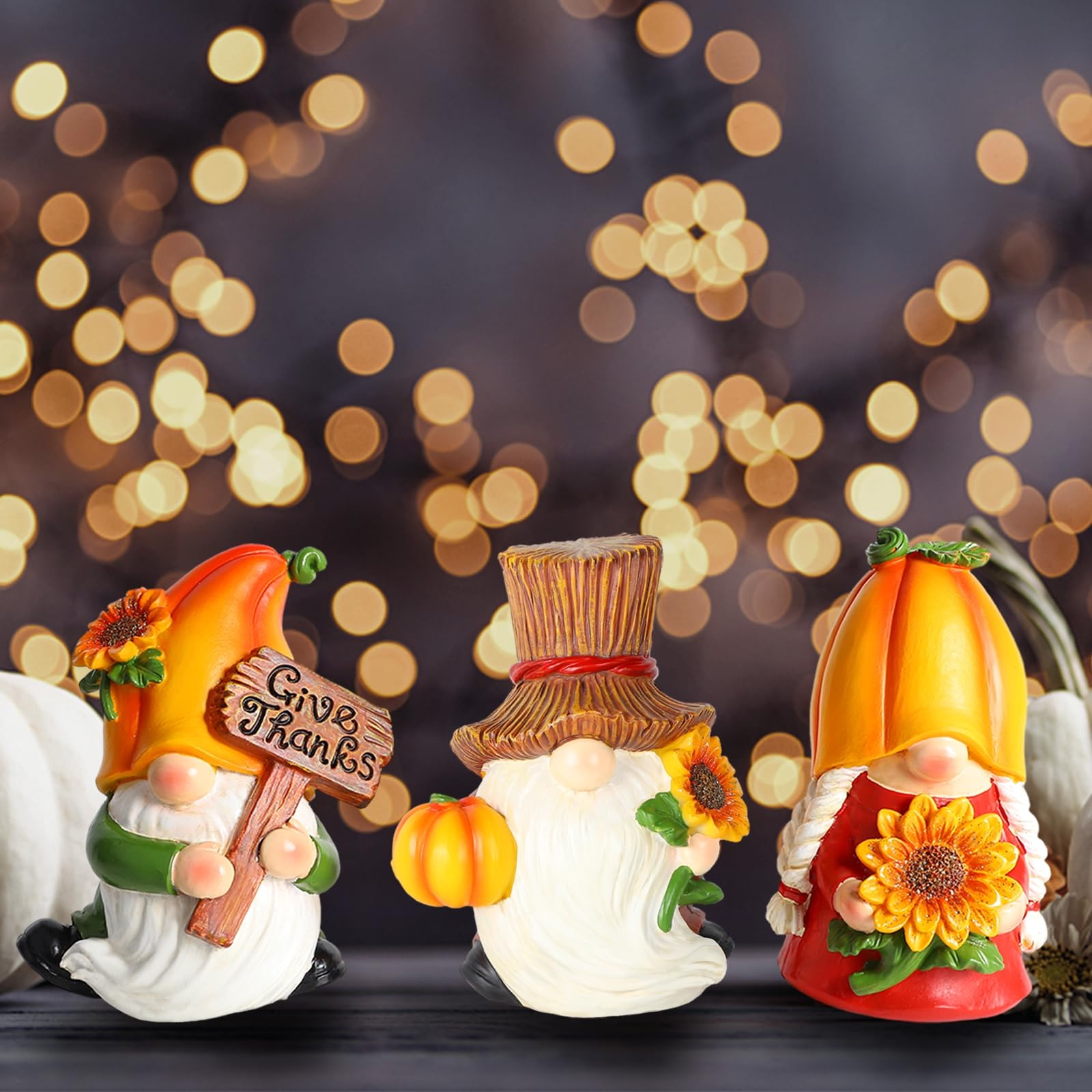 MorTime Set of 3 Thanksgiving Gnomes Table Decorations, Resin Pumpkin Gnome Centerpieces Figurines for Desk Shelf Fireplace Fall Autumn Thanksgiving Harvest Day Decor