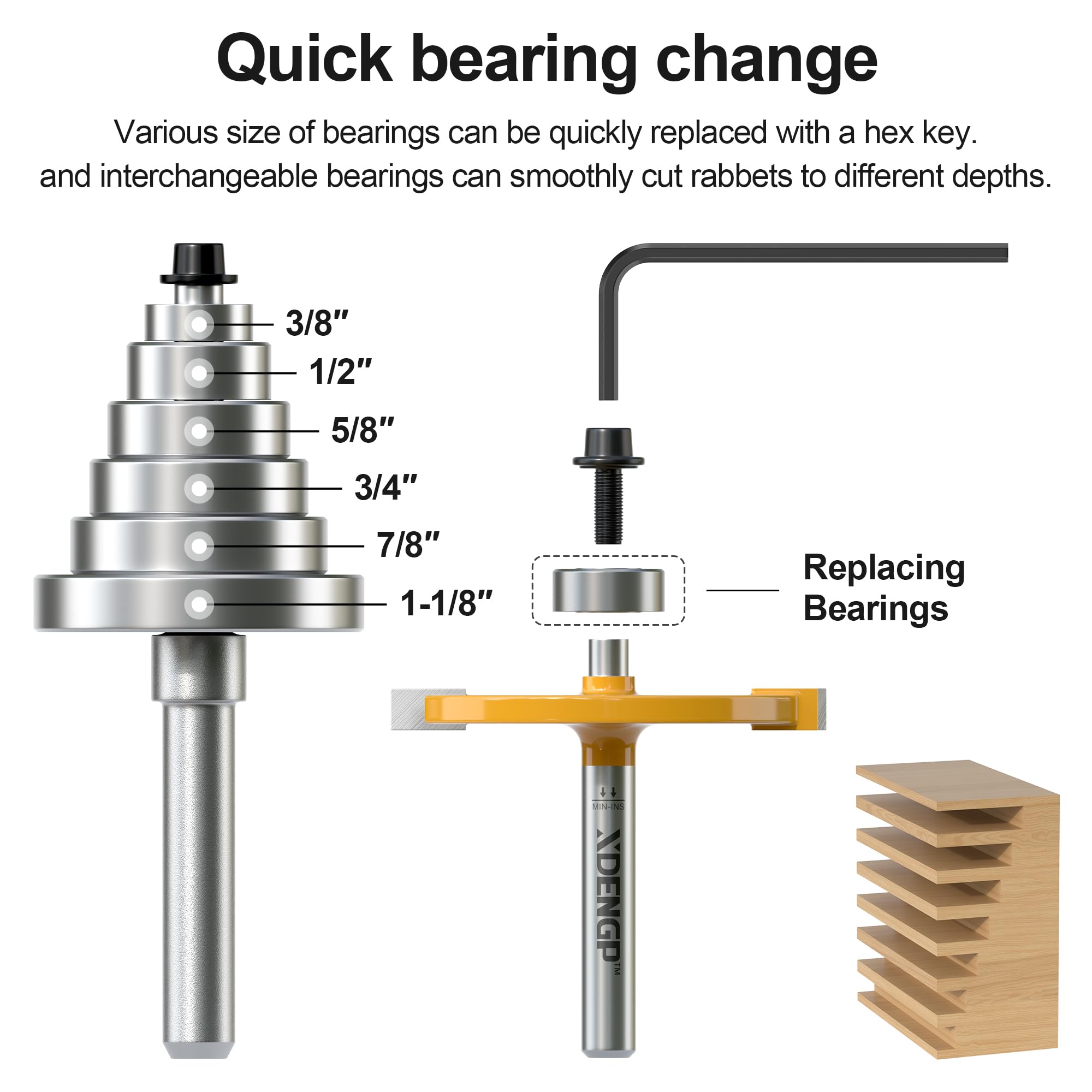 XDENGP Rabbet Router Bit Set 1/4 Shank, Rabbeting Router Bits 1pcs with 6 Bearings for Interchangeable and Adjustable Multi Depths Cutter 1/8", 1/4", 5/16", 3/8", 7/16", 1/2"