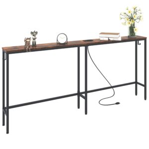 leomonio 7.9” narrow console table with outlet, 70.9” skinny sofa table narrow long behind couch, industrial narrow table with hooks for hallway, entryway and living room, vintage brown