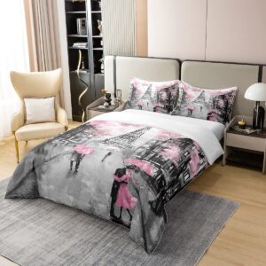 100% Cotton Paris Duvet Cover King,Pink and Grey Eiffel Tower Bedding Set for Teens Girls,Watercolor Cherry Blossoms Comforter Cover,Romantic Couple Retro Gray Building Bed Sets with 2 Pillowcases