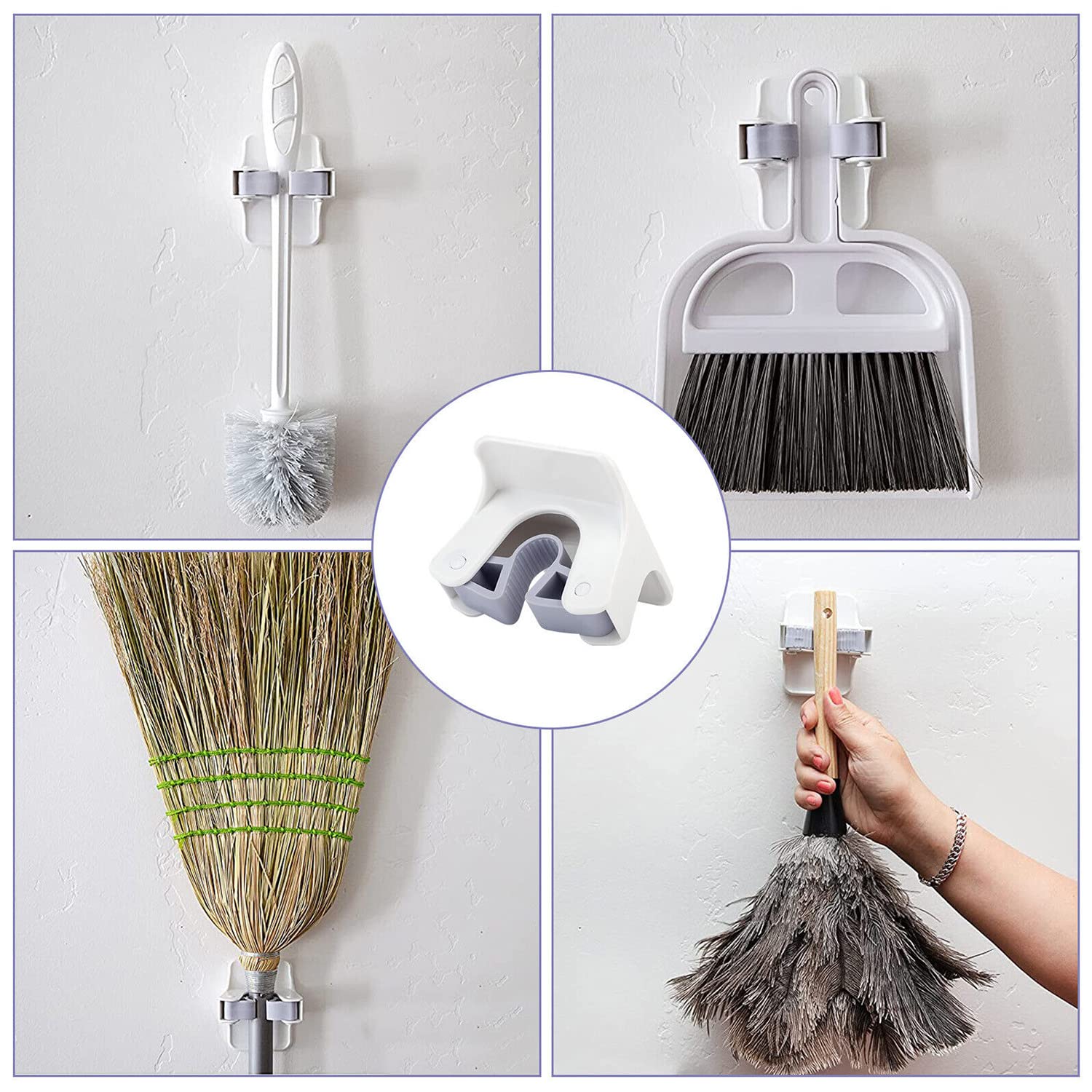 4 Pcs Broom Gripper Mop Racks Holders Wall Mount Self Adhesive Hanging Organizer, Free Punching Broom Folder, Suitable for Home Garage