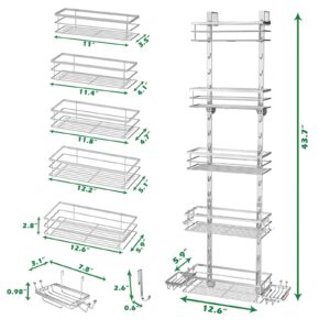 Over the Door Shower Caddy, 5-Tier Adjustable Hanging Shower Organizer Rustproof Metal Bathroom Storage Shelf Shower Basket with Soap Holder & Suction Cup for Shampoo, Conditioner, Sliver