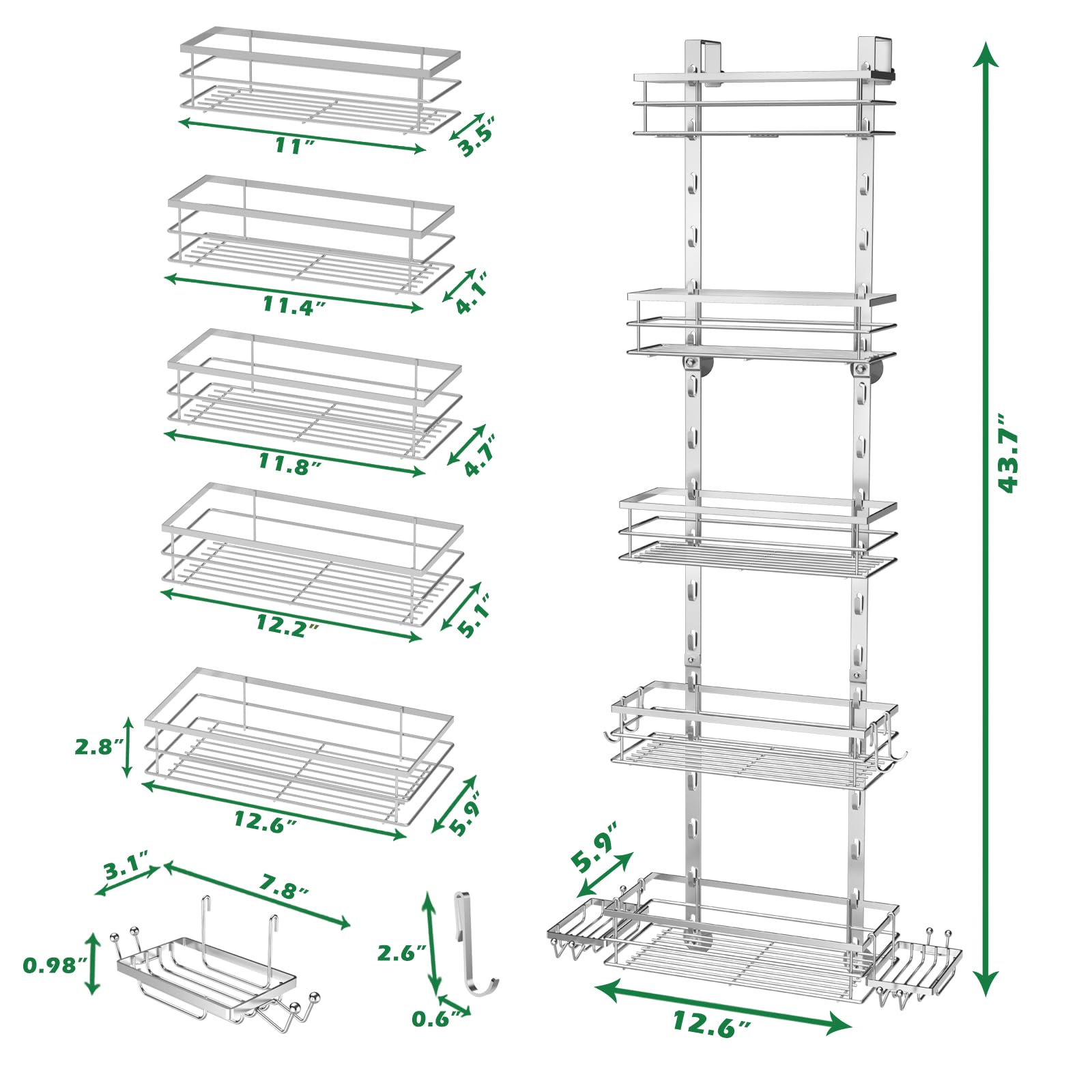 Over the Door Shower Caddy, 5-Tier Adjustable Hanging Shower Organizer Rustproof Metal Bathroom Storage Shelf Shower Basket with Soap Holder & Suction Cup for Shampoo, Conditioner, Sliver