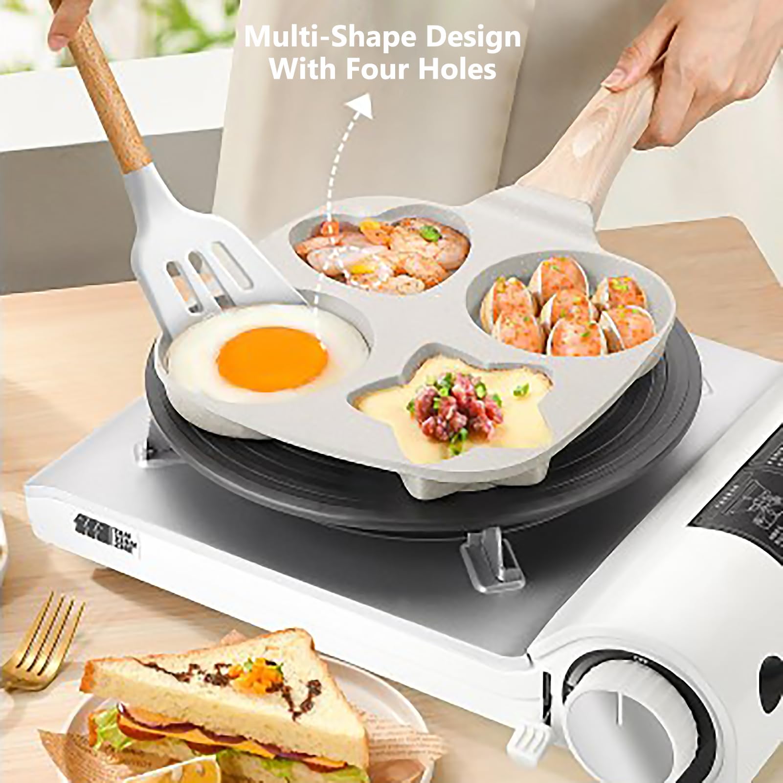 4 Cup Egg Frying Pan, Easy Breakfast Egg Pancake Burger Cooker, Aluminium Alloy Nonstick Frying Pot with Portable Wood Handle for Gas Stove & Induction Cookware