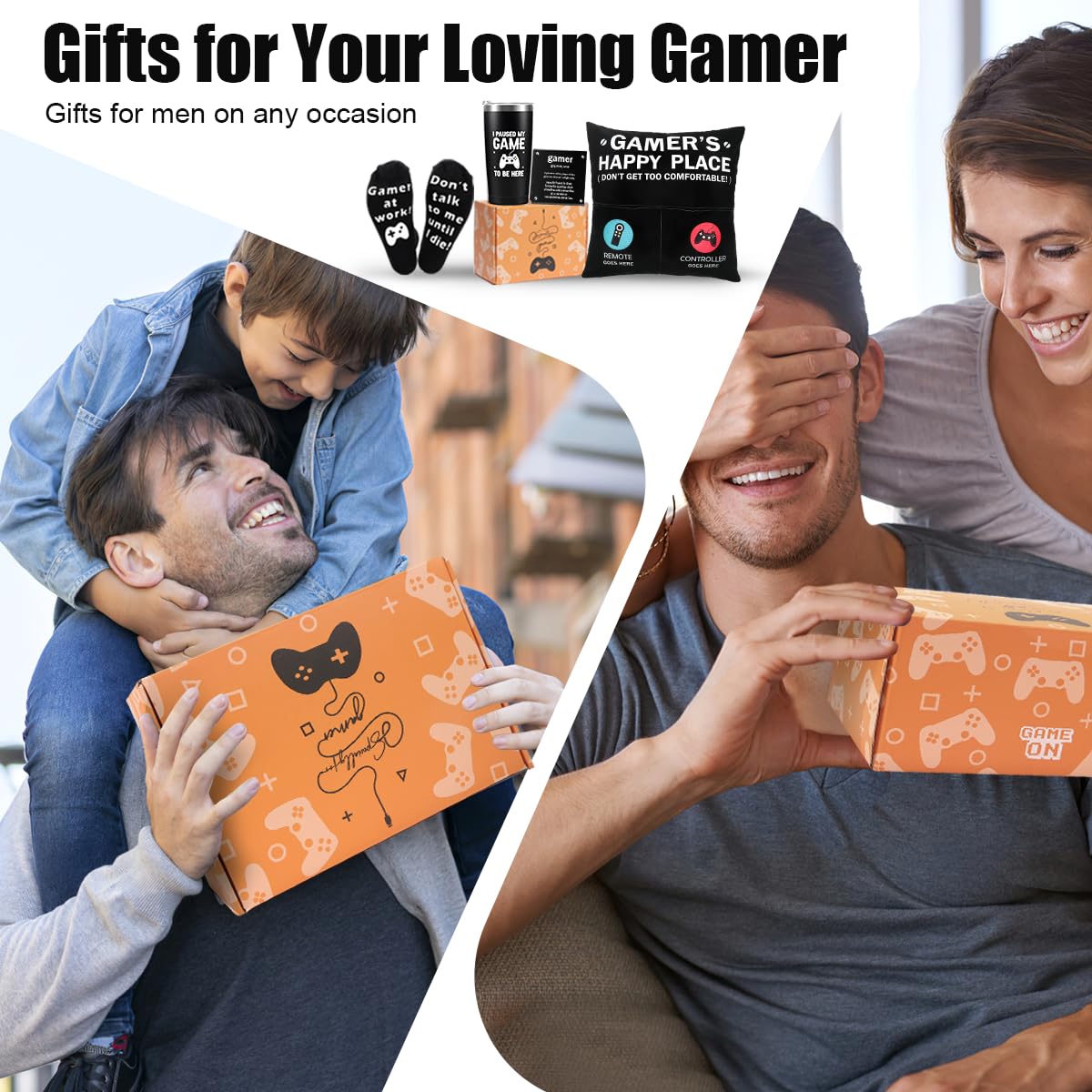 Gamer Gifts for Men Boyfriend Teenage Boy Birthday Christmas Gifts Box- Easter Basket Stuff Game Room Decor Gaming Gift for Man Him Video Game Lover (Gamer Tumbler+Pillow Cover+Socks+Stainless Sign)