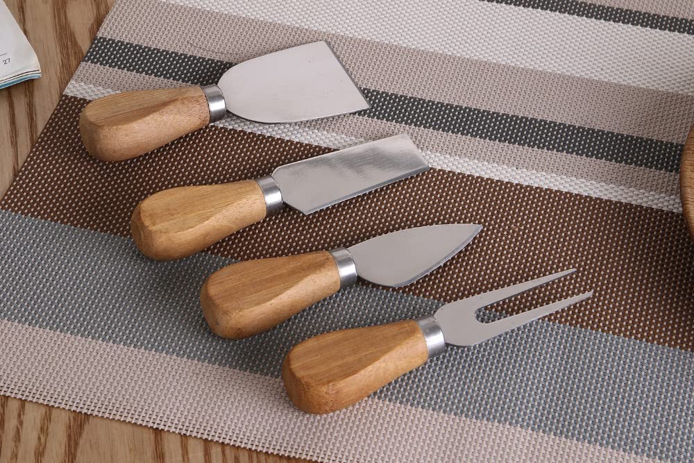 Acacia Wood Cheese Knife Set of 4 - Stainless Steel with Magnet - Knives and Block - Cheese Knife, Cheese Fork, Heart Knife, Shovel