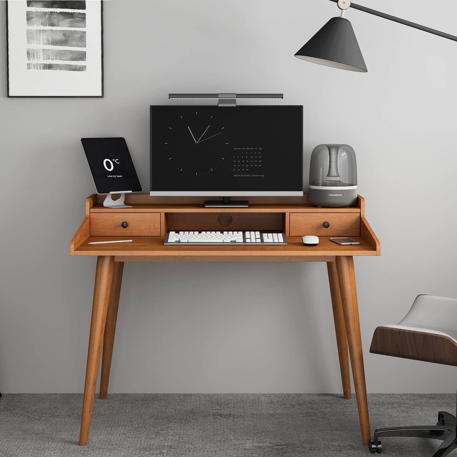 Ucerna Mid Century Modern Desk, 41" Wood Home Office Writing Computer or Laptop Desk with Monitor Stand Riser and Open Storage Cubby, Vanity Desk with 2 Drawers