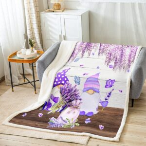 manfei cute gnomes throw blanket purple vine flower butterfly blanket for couch sofa, lavender bouquet bed blanket for kids boys girls, soft and breathable fleece blanket(50 x 60 inches)