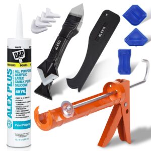 dap 18152 10.1oz white alex plus acrylic latex caulk with silicone + kleeg caulk gun + kleeg caulking tool kit - dripless caulking gun, caulk removal tool, 3in1 scraper home sealant tool