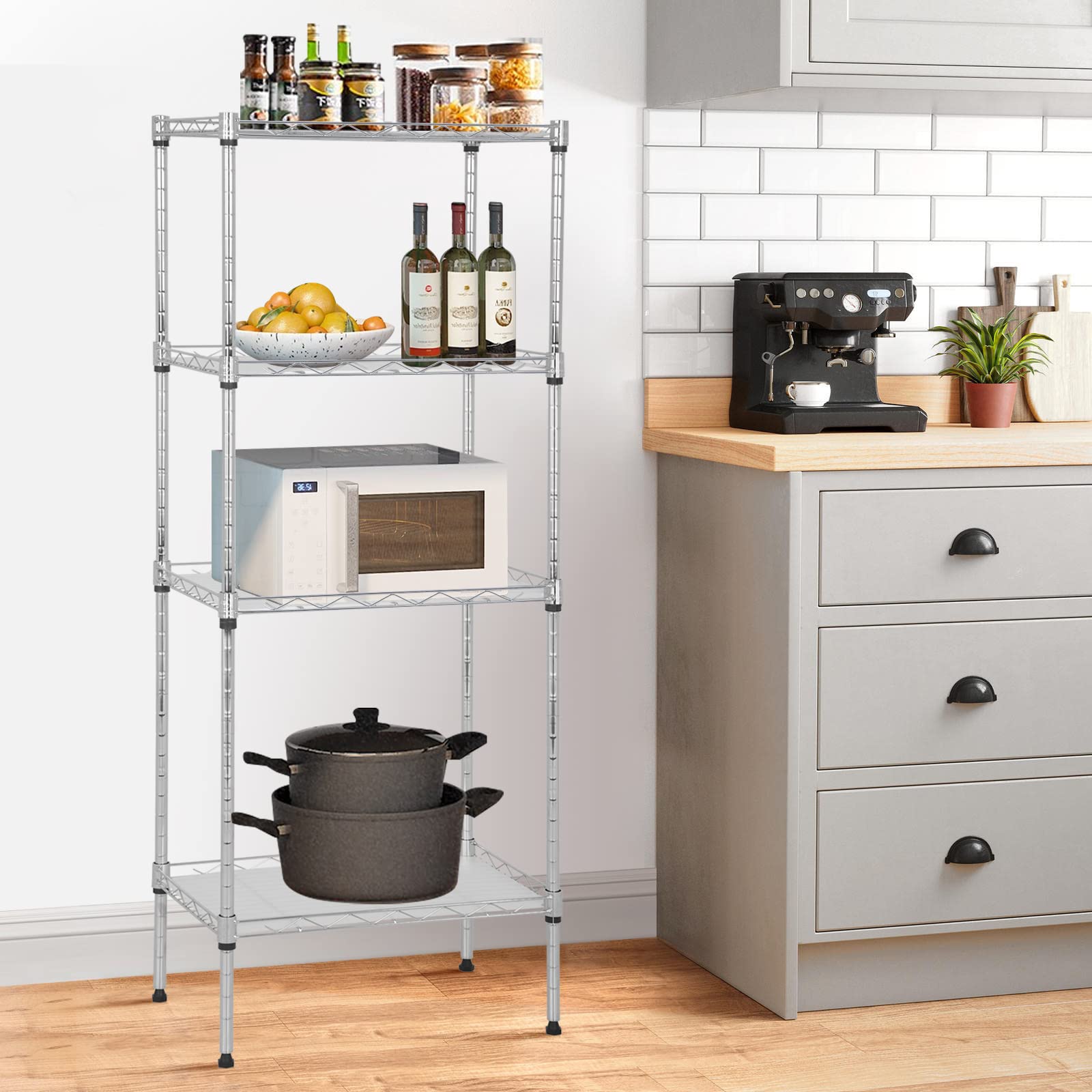 BLKMTY 4 Tier Wire Shelving Unit Kitchen Shelf Adjustable Storage Shelf Metal Microwave Rack NSF Shelf w/PP Sheets 11.4" D x 17.3" W x 43.9" H Steel Utility Shelves for Pantry Laundry, Silver