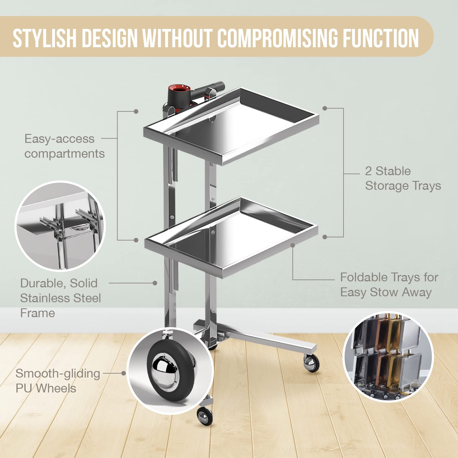 Multifunctional 2-Tray Utility Cart on Wheels - Stainless Steel 2-Level Medical Trolley Cart - Mobile Storage Tray Cart for Dental Tools, Cavitation Machine, Salon Supplies - Foldable Storage Trays