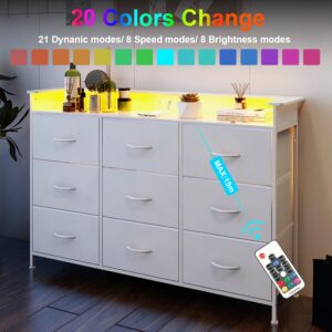 EXOTICA White Dresser with LED Light for Bedroom 9 Drawer Dressers with Charging Station Chests of Drawers for Entryway Closet Living Room Hallway Sturdy Steel Frame Wooden Top Easy Pull Handle