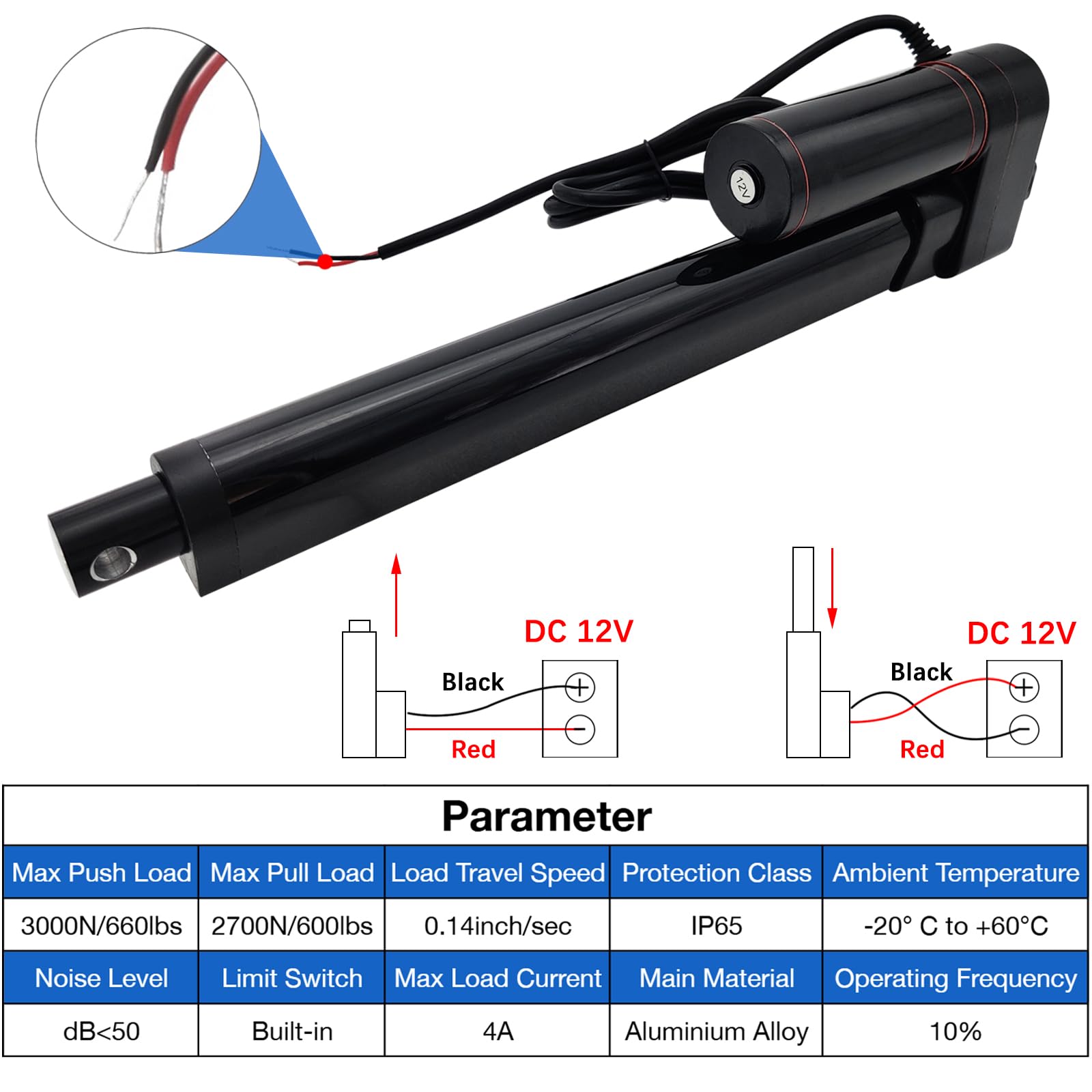 JQDML Linear Actuator 12V 28 Inch Long Stroke 660lbs/3000N Heavy Duty Speed 0.2"/sec (5mm/s) IP65 Waterproof Electric Actuator for Electric Door Opener Agricultural Machinery Electric Sunroof