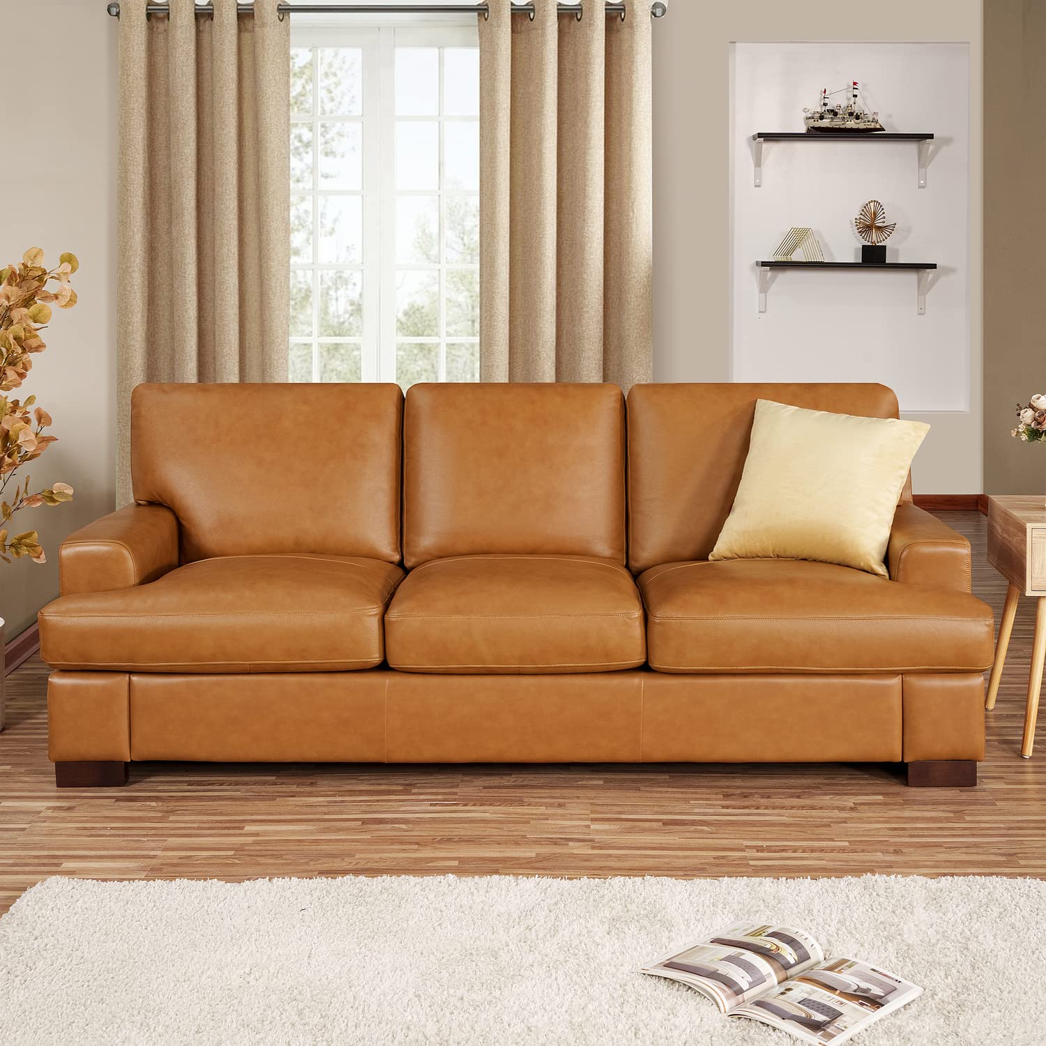 Naomi Home Genuine Leather Sofa - Luxurious Comfort, Goose Feather Cushion Filling, Square Arm Design, Sturdy Block Legs, Elegant Tan - Ideal for Living Room, Office, or Bedroom