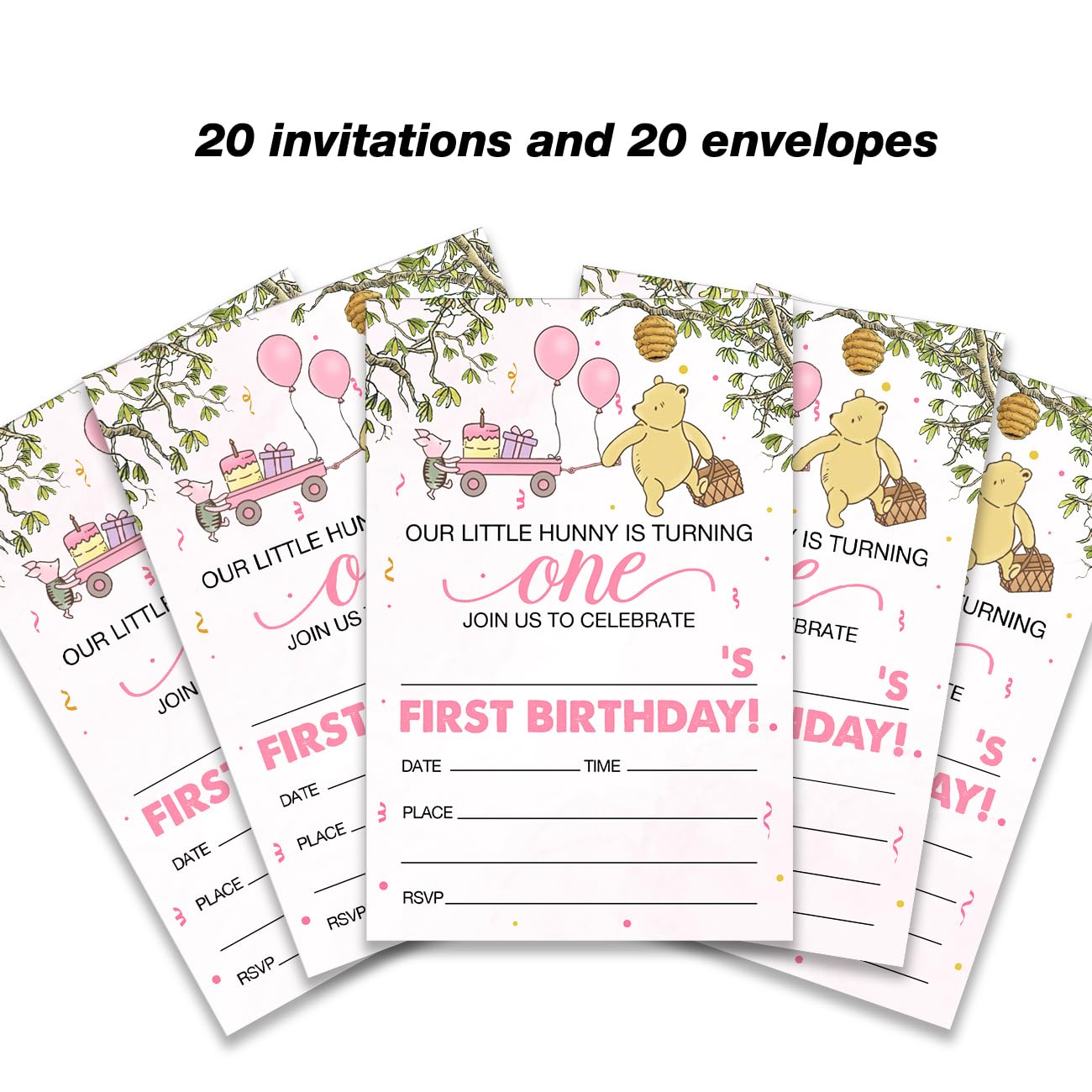 Dolimifa Winnie the Pooh 1st Birthday Invitations Fill in Style Winnie the Pooh Bear Pink Balloon Winnie Our Little Hunny First Birthday Invites, 20 Count With Envelopes