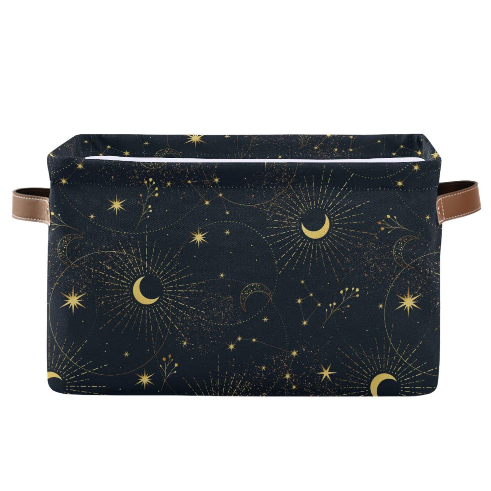 Sletend Storage Basket Moon Starry Sky Fabric Organizer Bin with Handle Foldable Canvas Cloth Storage Organizer Drawer for Shelf Closet Bedroom Home Office