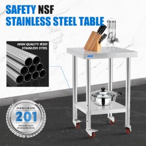 KUARBARR Stainless Steel Table for Prep & Work with 4 Caster Wheels with Undershelf 18 x 24 NSF Metal Commercial Kitchen Prep Table with Adjustable Under Shelf Worktable for Restaurant Home Outdoor