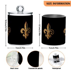 Quteprint 2 Pack Qtip Holder Dispenser, Gold Black Fleur De Lis Floral Clear Plastic Jar Bathroom Canister Storage for Cotton Swab, Cotton Ball, Floss Picks, Hair Clips, Makeup Sponges