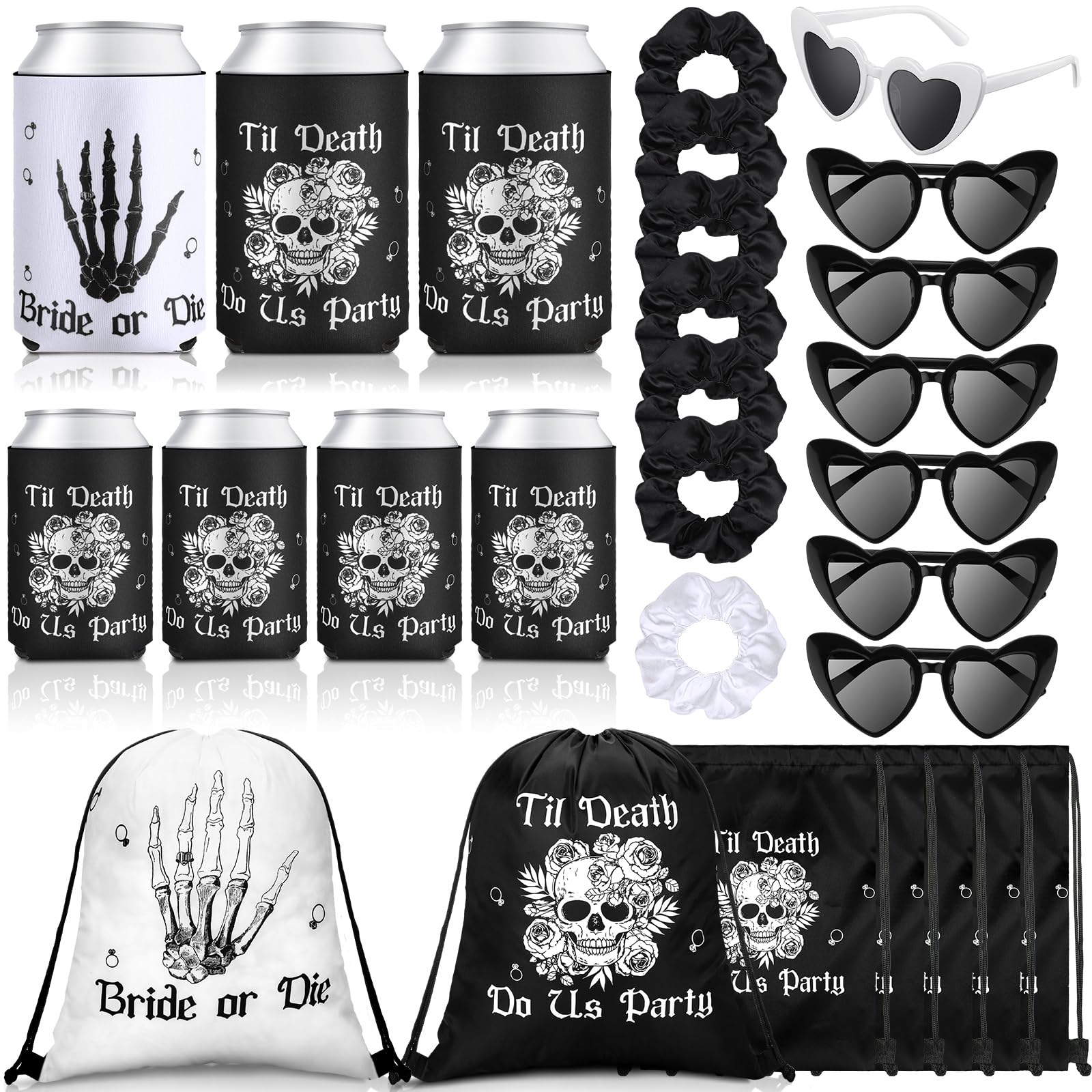 Silkfly 28 Pcs Bride or Die Bachelorette Party Decor Till Death Do Us Party Gifts Bridesmaid Scrunchies Sunglasses Beer Can Cooler Sleeves Drawstring Backpack for Wedding Bridesmaid Proposal Gift