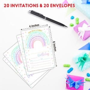 AWSICE Rainbow Birthday Party Invitations, Pastel Invite Cards (20-Pack) with Envelopes, Birthday Party Supplies Decorations(4"x6")-C01