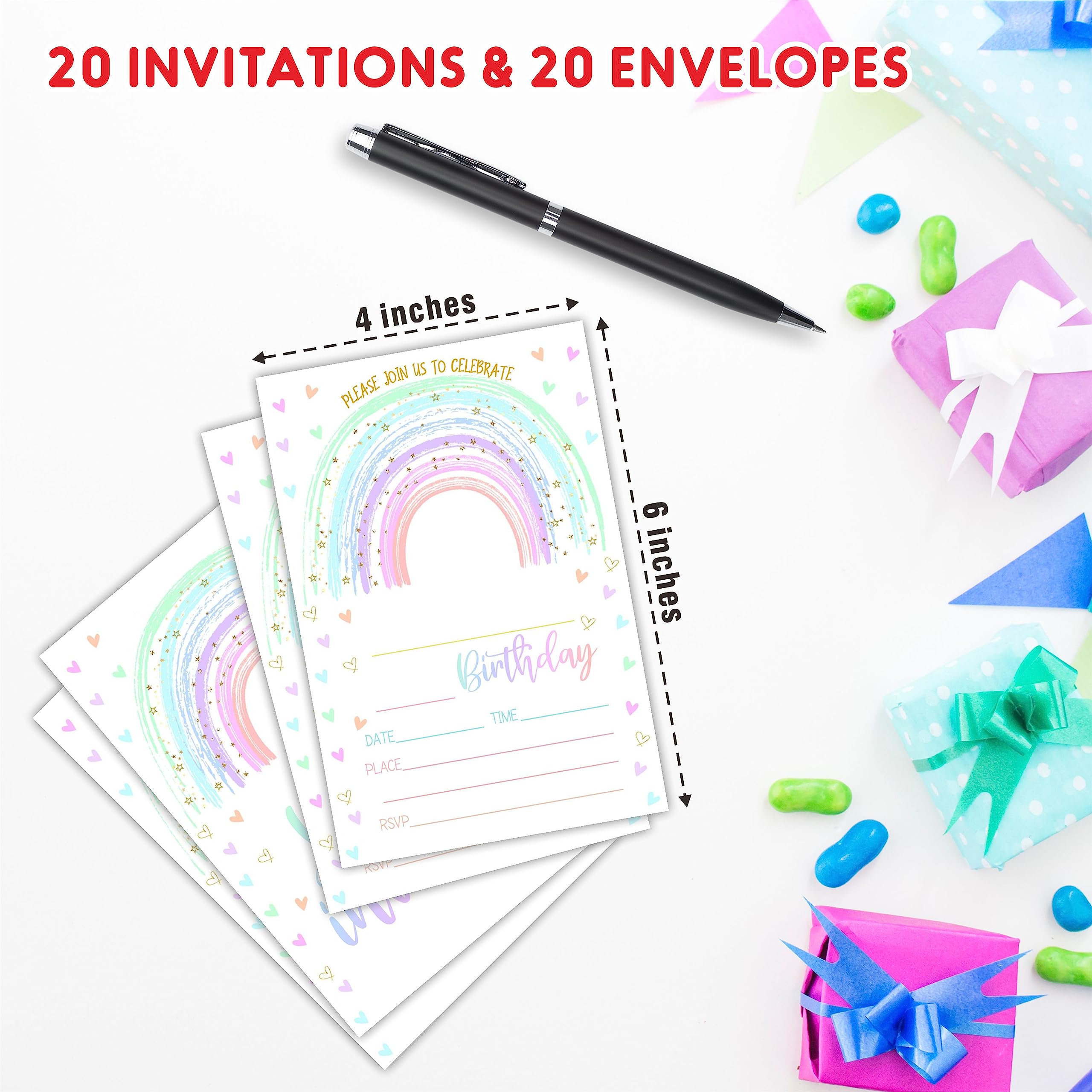 AWSICE Rainbow Birthday Party Invitations, Pastel Invite Cards (20-Pack) with Envelopes, Birthday Party Supplies Decorations(4"x6")-C01