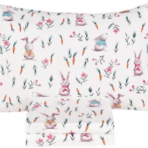 Scientific Sleep Cute Bunny Like Flower & Baby Carrot 100% Cotton Cozy 3 Pcs Twin Bed Sheet Set, Flat Sheet & Fitted Sheet & Pillowcase Natural Bedding Set (Rabbit, Twin)