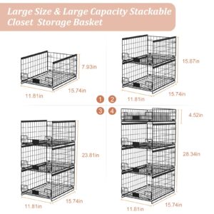 4 Pack Sliding Closet Organizers and Storage, Stackable Closet Storage Shelves, Pull Out Clothes Storage Organizer Baskets/Containers/Drawers with Dividers for Wardrobe (Black-Sturdy Wire Metal Frame)