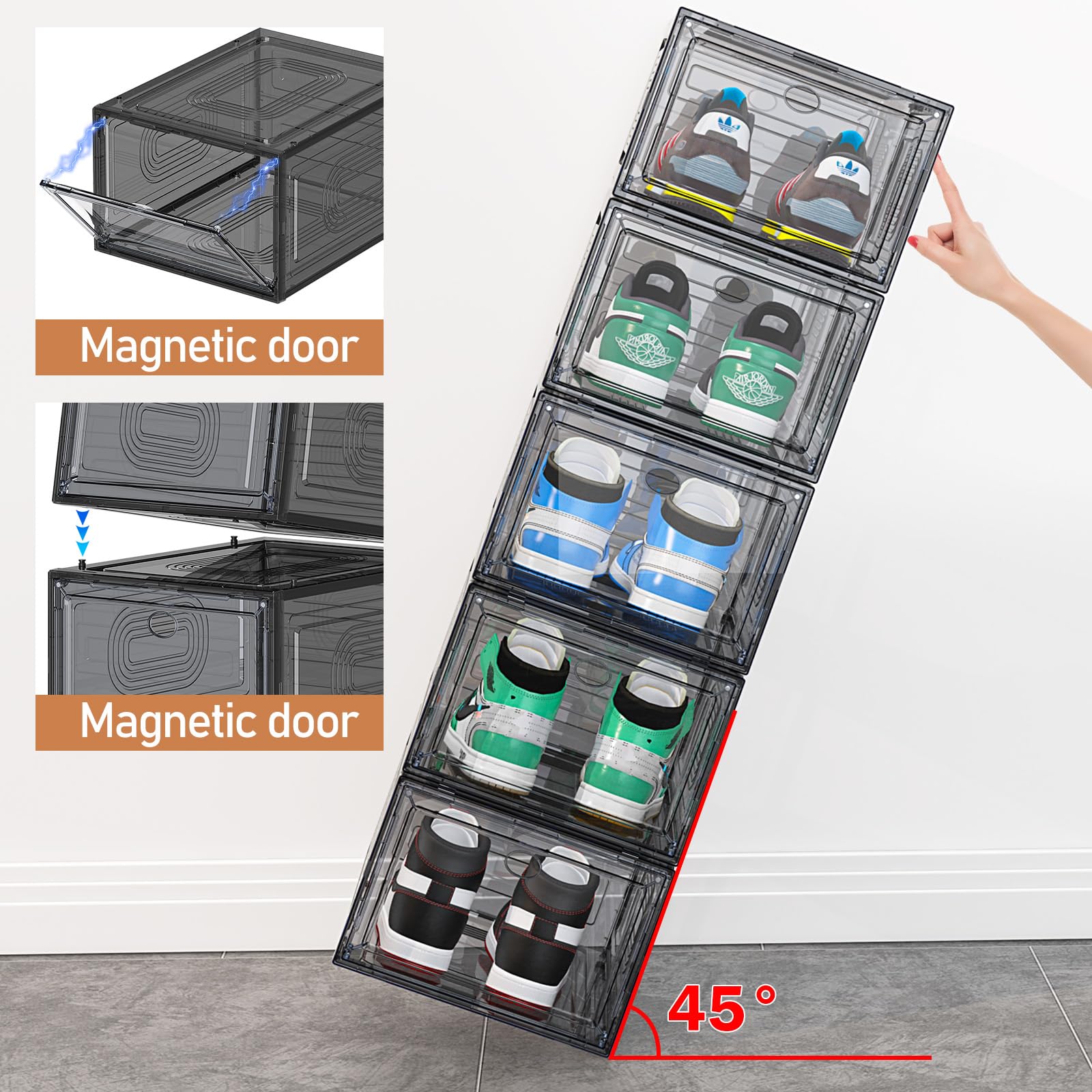 cakraie 10 Pack Thicken Shoe Organizer Stackable,Upgraded Sturdy Shoe Storage Box with Magnetic Door,Shoe Containers For Sneaker Display,Hat Organizer,Black…