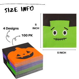 100 PK Halloween Cocktail Napkins - 4 Assorted Designs - 3-Ply Halloween Paper Napkins for Halloween Party Supplies Disposable Party Napkins Ghost Paper Beverage Napkins Bulk Kids Birthday