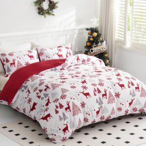 WONGS BEDDING Christmas Duvet Cover Queen, Merry Christmas Elk Snowflake Tree Red Bedding Duvet Covers with Zipper Closure for All Seasons, Red Soft Microfiber Bedding Set Queen 90"×90"