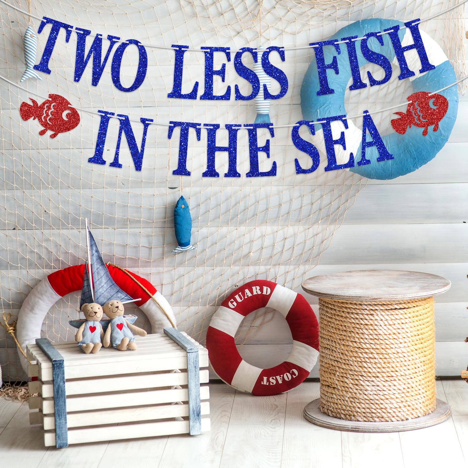 Two Less Fish in the Sea Banner, Engagement Party Beach Wedding Party Decor, Nautical Sea Theme Bridal Shower, Funny Bachelorette Party Decorations (Blue Glitter)