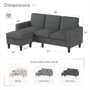 Youmumeub Convertible Sectional Sofa, L-Shape Linen Fabric Sofa Couch with Storage Ottoman, 3-Seats Sofa for Small Living Room and Apartment, Dark Grey