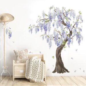 wondever Purple Flower Tree Wall Stickers Large Tree Hanging Wisteria Floral Peel and Stick Wall Art Decals for Bedroom Living Room Sofa TV Background