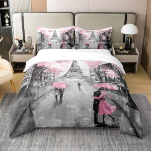 100% Cotton Paris Duvet Cover King,Pink and Grey Eiffel Tower Bedding Set for Teens Girls,Watercolor Cherry Blossoms Comforter Cover,Romantic Couple Retro Gray Building Bed Sets with 2 Pillowcases