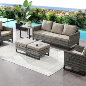 HUMMUH 6 Piece Patio Furniture Outdoor Sectional Sofa Set All-Weather Wicker Outdoor Chairs with End Table Ottomans for Patio,Porch,Garden,Backyard