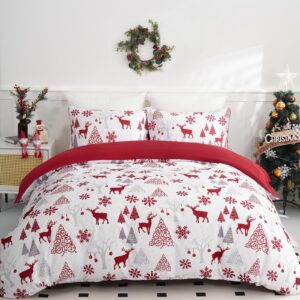 wongs bedding christmas duvet cover queen, merry christmas elk snowflake tree red bedding duvet covers with zipper closure for all seasons, red soft microfiber bedding set queen 90"×90"