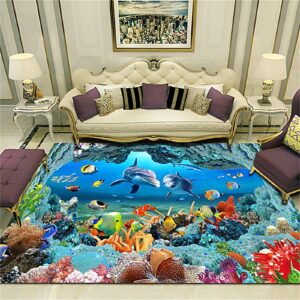 underwater world print area rug, 4x6ft, dolphin fish school coral reef 3d carpet modern art ocean theme floor mats for living room children's bedroom dorm office home decor