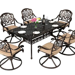 TITIMO 7 Piece Cast Aluminum Patio Dining Set, Outdoor Dining Furniture Patio Table and Chairs Set,6 Floral Pattern Swivel Rocker Chairs with Cushions (Khaki)