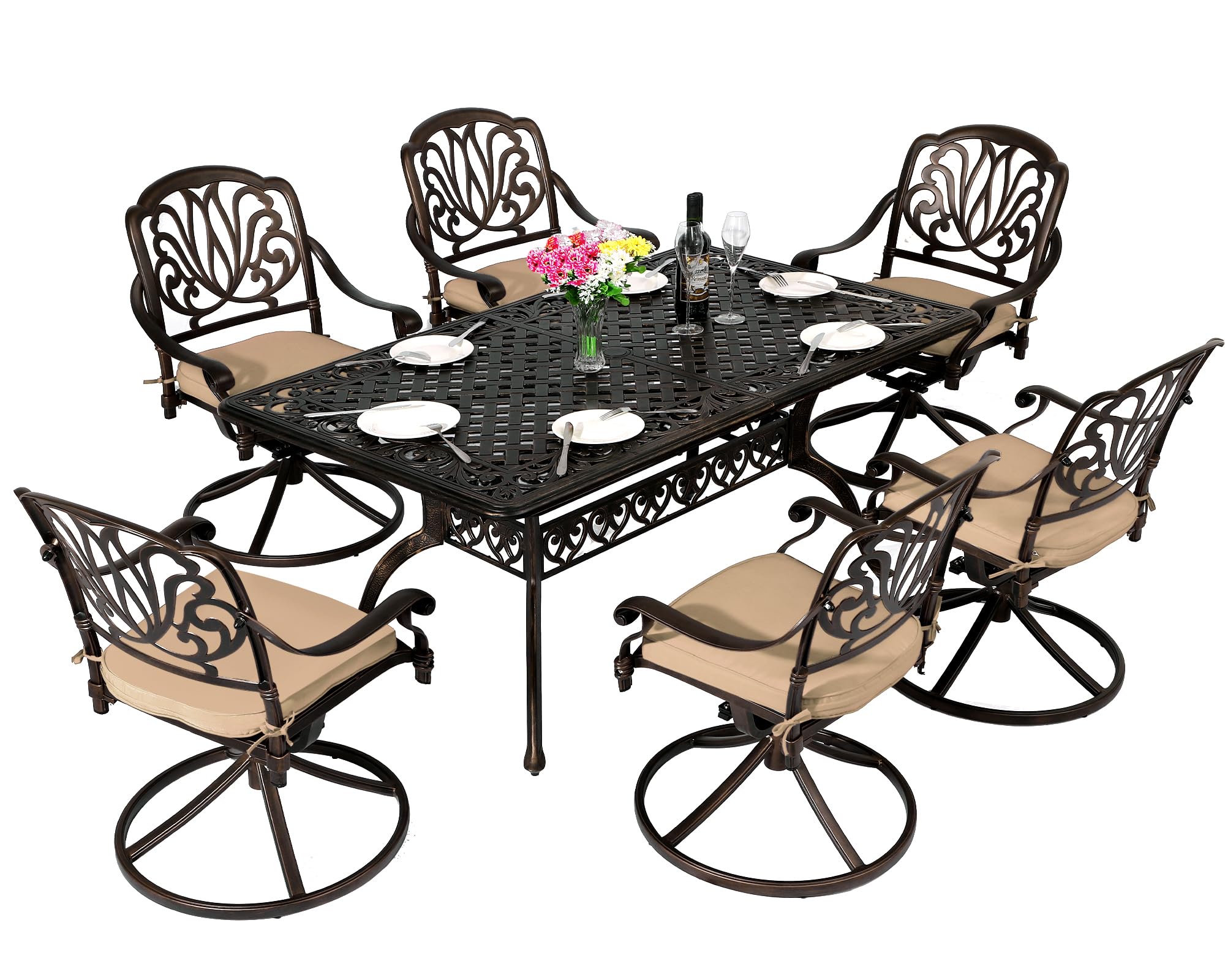 TITIMO 7 Piece Cast Aluminum Patio Dining Set, Outdoor Dining Furniture Patio Table and Chairs Set,6 Floral Pattern Swivel Rocker Chairs with Cushions (Khaki)