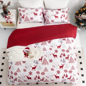 WONGS BEDDING Christmas Duvet Cover Queen, Merry Christmas Elk Snowflake Tree Red Bedding Duvet Covers with Zipper Closure for All Seasons, Red Soft Microfiber Bedding Set Queen 90"×90"