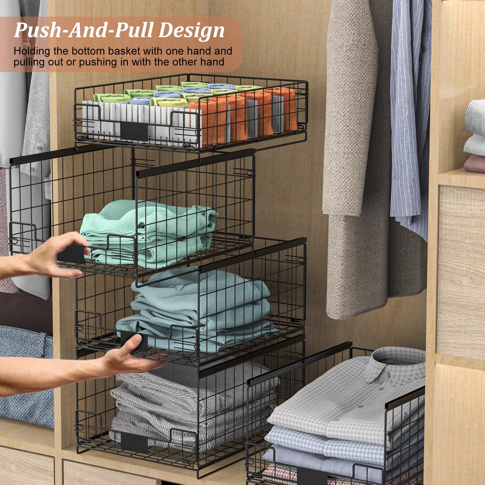 4 Pack Sliding Closet Organizers and Storage, Stackable Closet Storage Shelves, Pull Out Clothes Storage Organizer Baskets/Containers/Drawers with Dividers for Wardrobe (Black-Sturdy Wire Metal Frame)