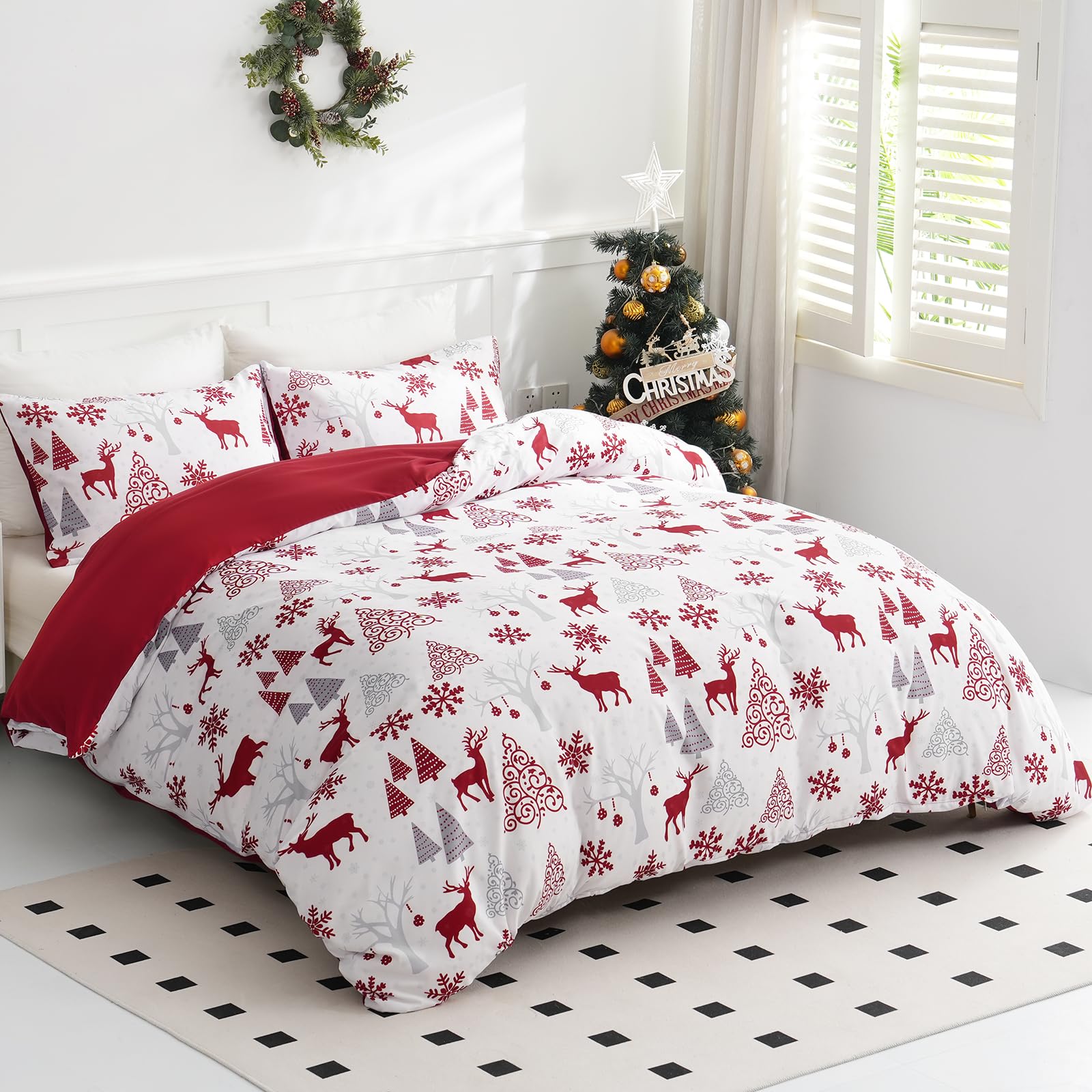 Christmas Duvet Cover Set King Reindeer Snowflakes Bedding Set Soft Microfiber Quilt Duvet Cover with 2 Pillowcases for Home Decoration