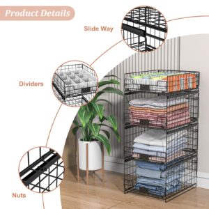 4 Pack Sliding Closet Organizers and Storage, Stackable Closet Storage Shelves, Pull Out Clothes Storage Organizer Baskets/Containers/Drawers with Dividers for Wardrobe (Black-Sturdy Wire Metal Frame)