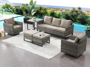 hummuh 6 piece patio furniture set outdoor sectional sofa,pe wicker patio swivel rocker chairs with ottomans side table for porch,garden,backyard