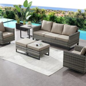 HUMMUH 6 Piece Patio Furniture Set Outdoor Sectional Sofa,PE Wicker Patio Swivel Rocker Chairs with Ottomans Side Table for Porch,Garden,Backyard